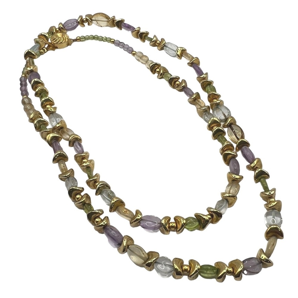 Vintage Glass‎ Beaded Necklace Blue Purple with Gold Tone Flat Separators